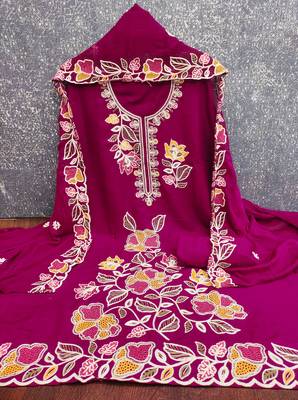 purple embroidered rayon unstitched dress material  2