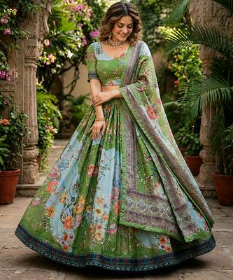PARROT GREEN SEQUINS ZARI EMROIDERY WORK ORGANZA LEHENGA CHOLI SET FOR WOMEN'S 4