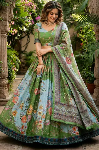 PARROT GREEN SEQUINS ZARI EMROIDERY WORK ORGANZA LEHENGA CHOLI SET FOR WOMEN'S