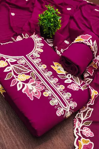 purple embroidered rayon unstitched dress material 