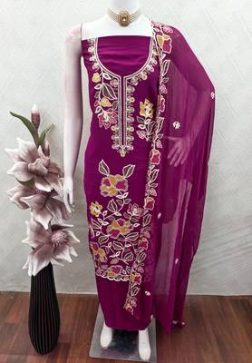 purple embroidered rayon unstitched dress material  4
