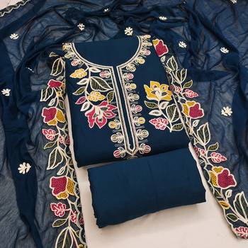 teal blue embroidered rayon unstitched dress material  1