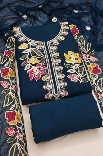 teal blue embroidered rayon unstitched dress material 