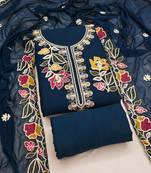 teal blue embroidered rayon unstitched dress material 
