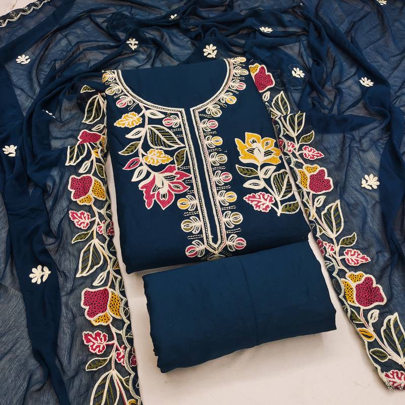 teal blue embroidered rayon unstitched dress material 