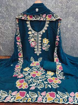 teal blue embroidered rayon unstitched dress material  2