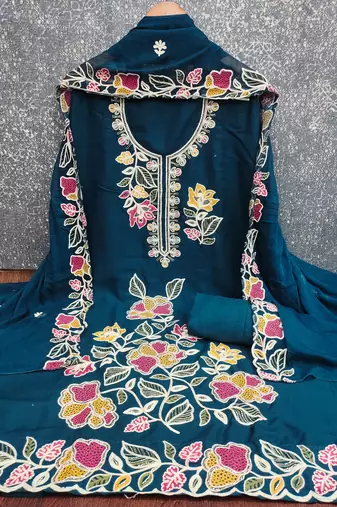 teal blue embroidered rayon unstitched dress material 