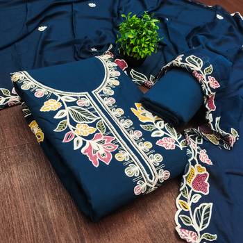teal blue embroidered rayon unstitched dress material  3