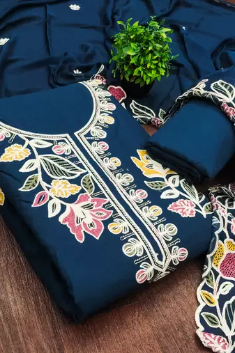 teal blue embroidered rayon unstitched dress material 