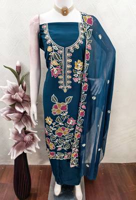 teal blue embroidered rayon unstitched dress material  4