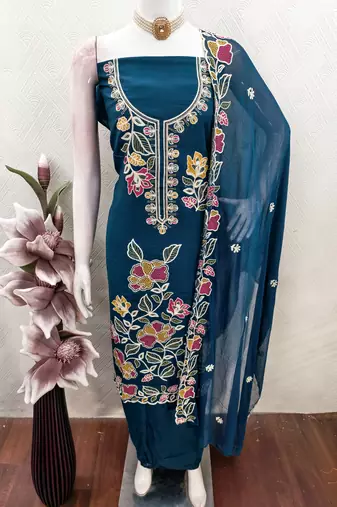 teal blue embroidered rayon unstitched dress material 