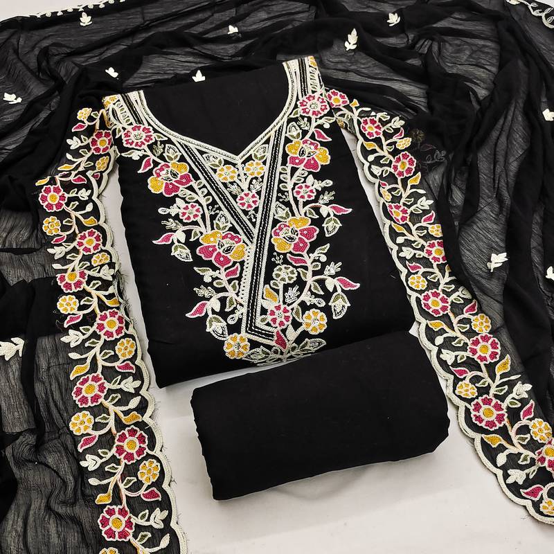black embroidered rayon unstitched dress material 