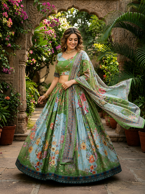 PARROT GREEN SEQUINS ZARI EMROIDERY WORK ORGANZA LEHENGA CHOLI SET FOR WOMEN'S 5