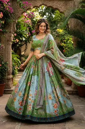 PARROT GREEN SEQUINS ZARI EMROIDERY WORK ORGANZA LEHENGA CHOLI SET FOR WOMEN'S
