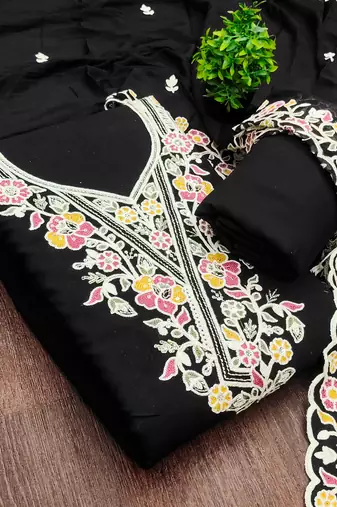 black embroidered rayon unstitched dress material 