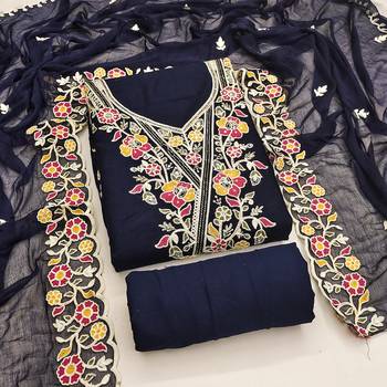 blue embroidered rayon unstitched dress material  1
