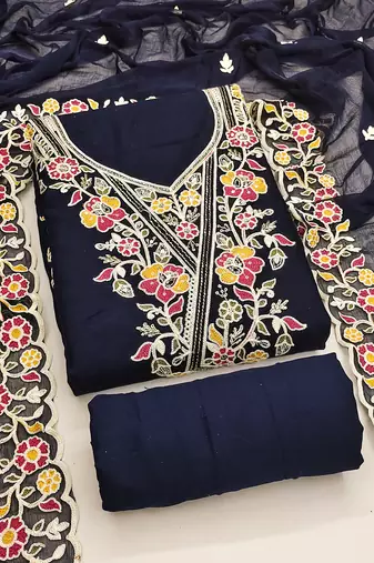blue embroidered rayon unstitched dress material 