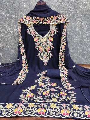 blue embroidered rayon unstitched dress material  2