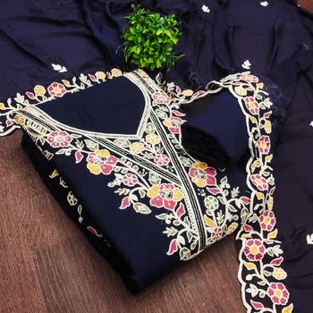 blue embroidered rayon unstitched dress material  3