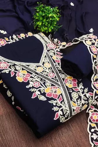blue embroidered rayon unstitched dress material 