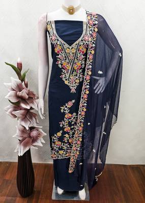 blue embroidered rayon unstitched dress material  4