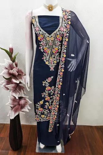 blue embroidered rayon unstitched dress material 