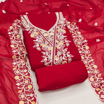 red embroidered rayon unstitched dress material  1