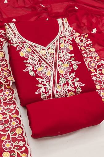red embroidered rayon unstitched dress material 
