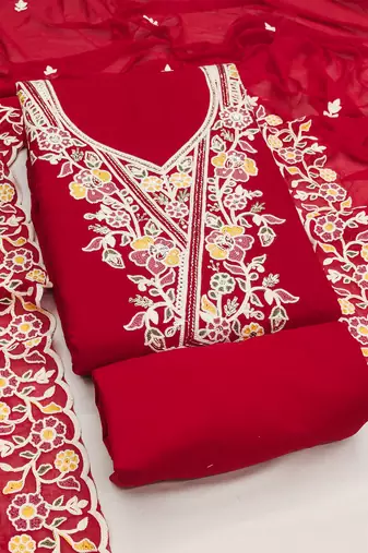 red embroidered rayon unstitched dress material 