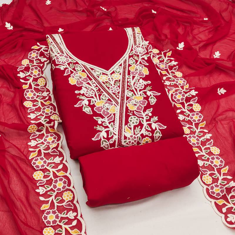 red embroidered rayon unstitched dress material 