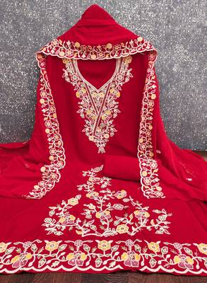 red embroidered rayon unstitched dress material  2