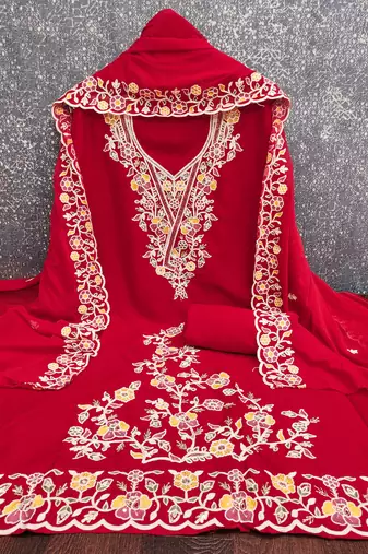 red embroidered rayon unstitched dress material 