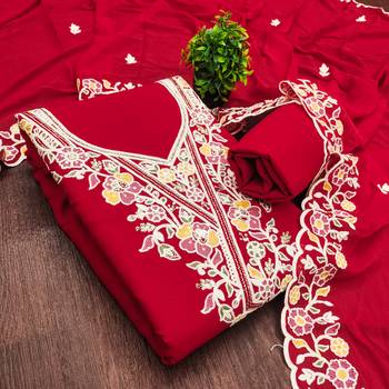 red embroidered rayon unstitched dress material  3