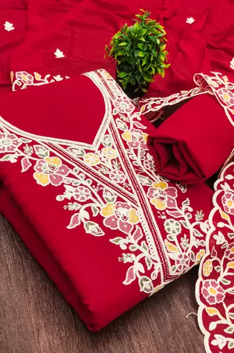 red embroidered rayon unstitched dress material 