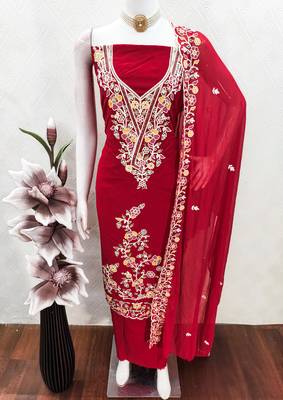 red embroidered rayon unstitched dress material  4