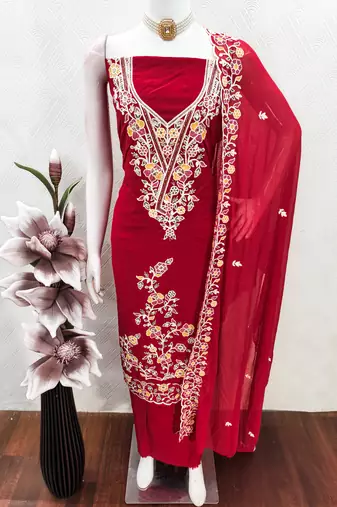 red embroidered rayon unstitched dress material 