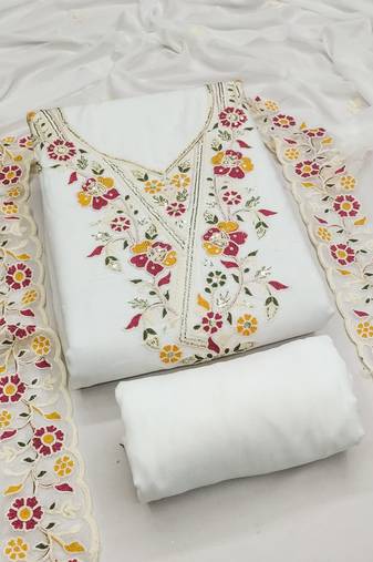 white embroidered rayon unstitched dress material 