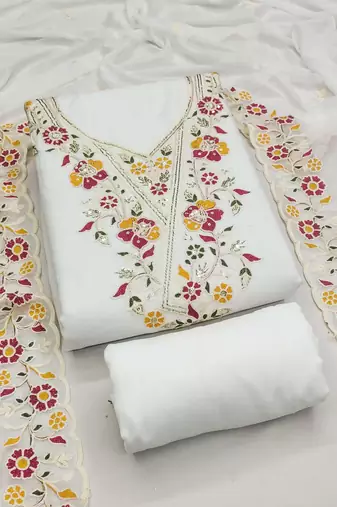 white embroidered rayon unstitched dress material 