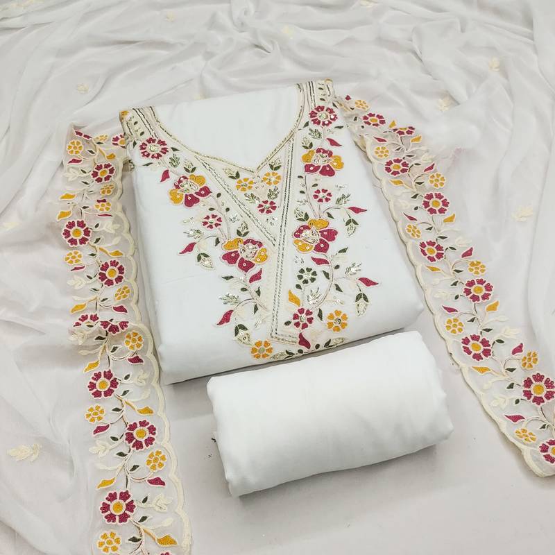 white embroidered rayon unstitched dress material 