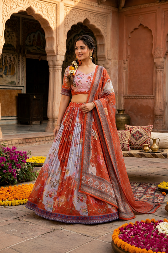 RED SEQUINS ZARI EMROIDERY WORK ORGANZA LEHENGA CHOLI SET FOR WOMEN'S