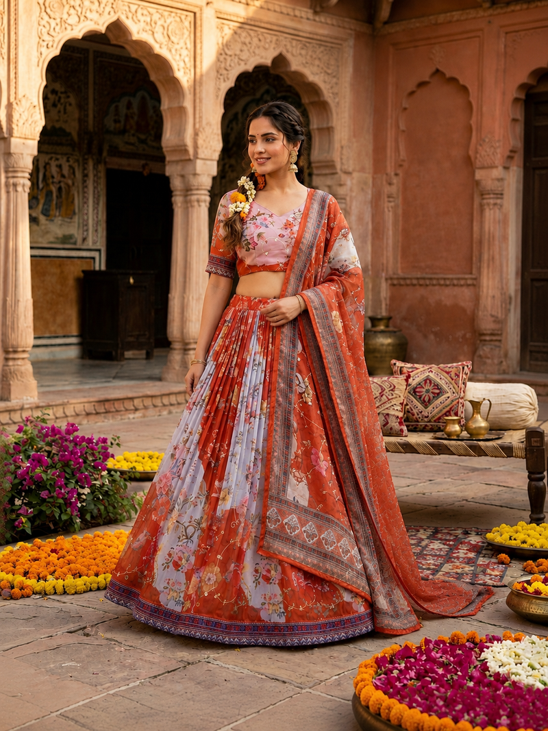 RED SEQUINS ZARI EMROIDERY WORK ORGANZA LEHENGA CHOLI SET FOR WOMEN'S