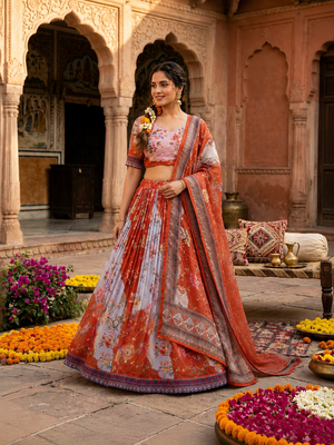 RED SEQUINS ZARI EMROIDERY WORK ORGANZA LEHENGA CHOLI SET FOR WOMEN'S 1