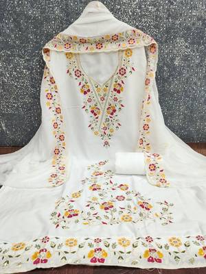 white embroidered rayon unstitched dress material  2