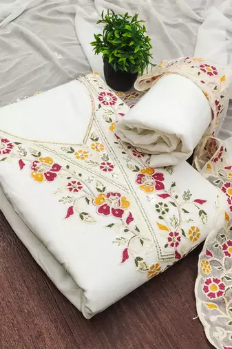 white embroidered rayon unstitched dress material 
