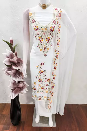 white embroidered rayon unstitched dress material 