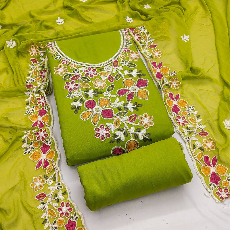 green embroidered rayon unstitched dress material 