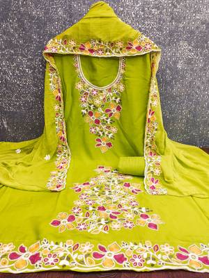 green embroidered rayon unstitched dress material  2