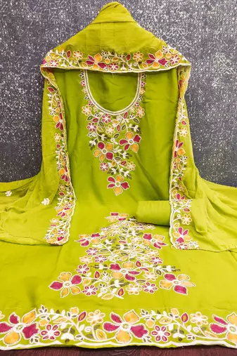 green embroidered rayon unstitched dress material 