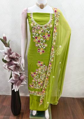 green embroidered rayon unstitched dress material  4