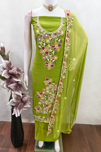 green embroidered rayon unstitched dress material 